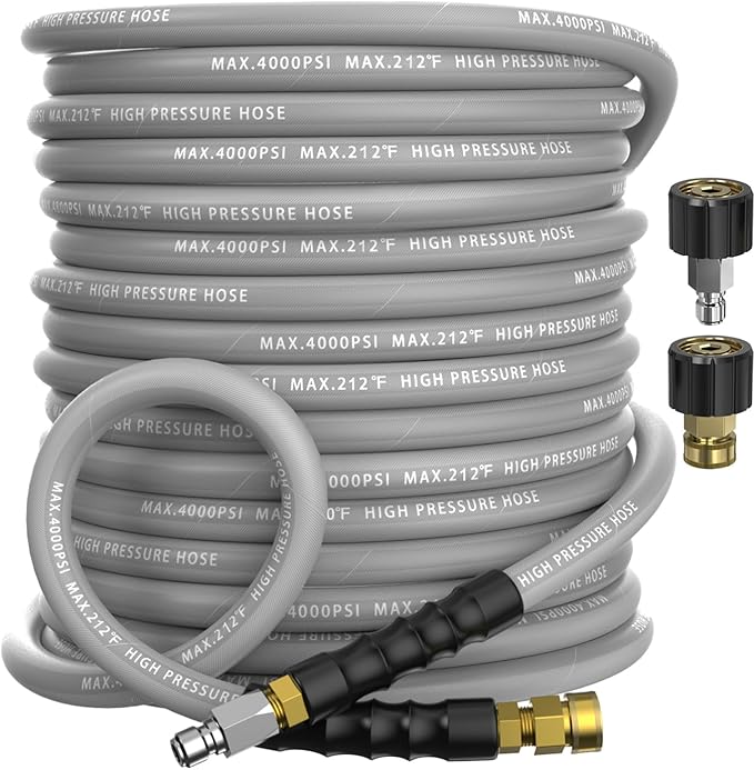 Pressure Washer Hose 50FT 4000 PSI, Kink Resistant Steel Braided Layer & NonMarking Rubber for Hot/Cold Water, High Power Washer Hose With 3/8 Inch Quick Connect & M22 Fitting, Gray