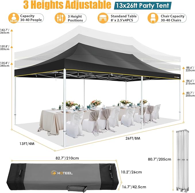 HOTEEL 13x26 Pop up Canopy Tent for Parties, Heavy Duty Easy Setup Tent with 6 Sidewalls, Outdoor Commercial Instant Gazebo for Wedding Event, with Roller Bag & Sand Bags, Black(Hexagonal Frame)