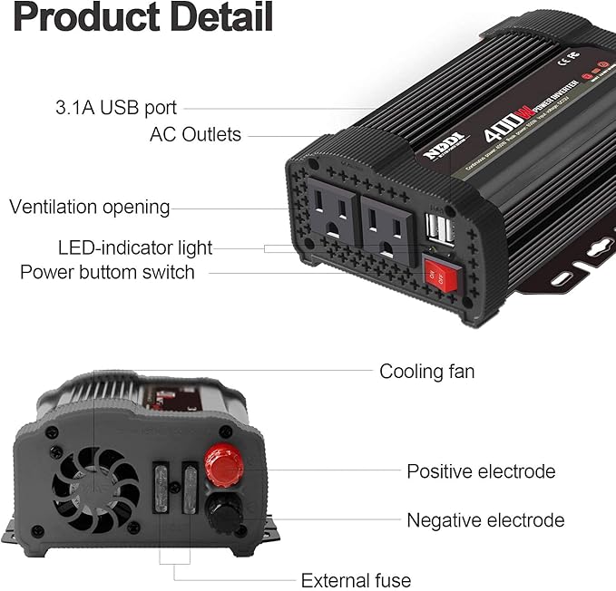 400W Car Power Inverter, DC 12V to 110V AC Converter with 2 Charger Outlets and Dual 3.1A USB Ports Cigarette Lighter Socket Adapter(Black)