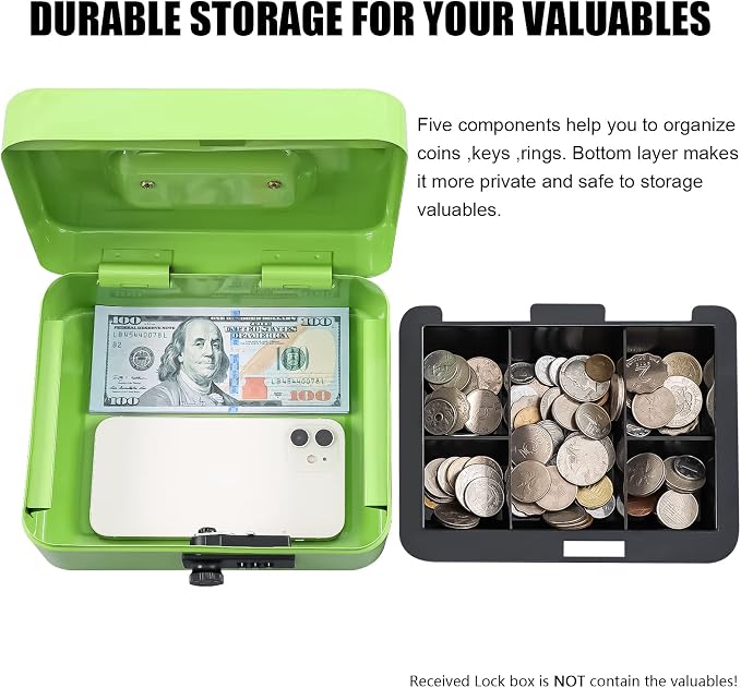 KYODOLED Cash Box with Combination Lock,Safe Metal Box for Money,Storage Lock Box with Money Tray,7.87"x 6.30"x 3.54" Limegreen Medium