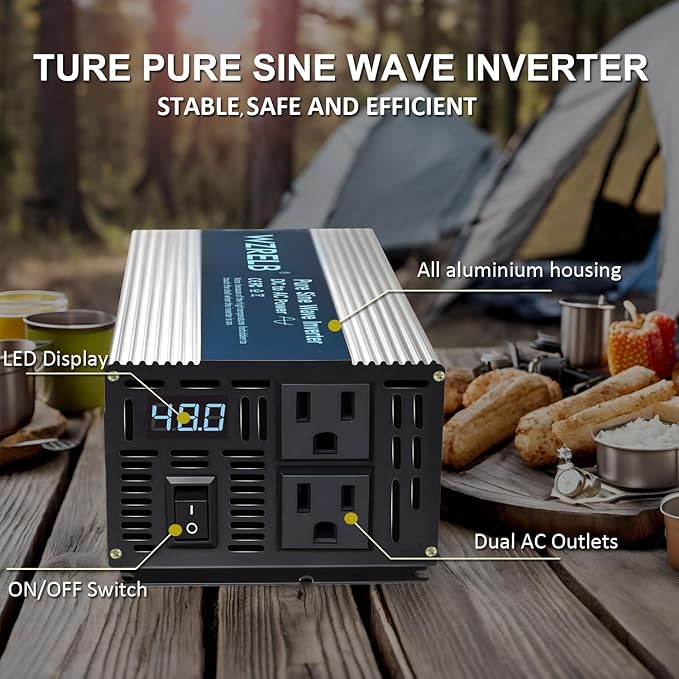 WZRELB 600W Pure Sine Wave Inverter 12V DC to 110V 120V AC Power Converter with LED Display, Off-Grid Portable Power Inverter with 2 AC Outlets for Home, RV, Truck, Camping