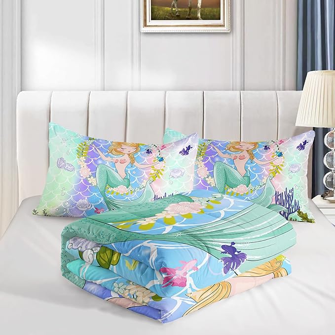 CVHOUSE Mermaid Comforter Set,Ocean Sea Mermaid Bedding Set for Girls Kids Teens,Mermaid Comforter Butterflies Duvet Set Room Decor Quilt Set Twin Size