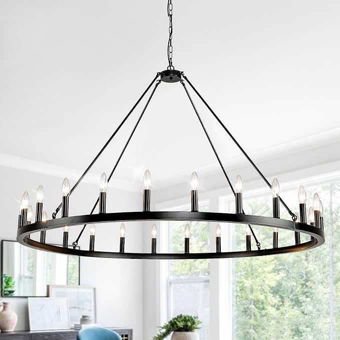WJShome 24-Light Black Wagon Wheel Chandelier Farmhouse, 54" Extra Large Chandeliers for High Ceilings, Round Matte Black Chandelier for Dinning Room, Entryway, Foyer, Living Room