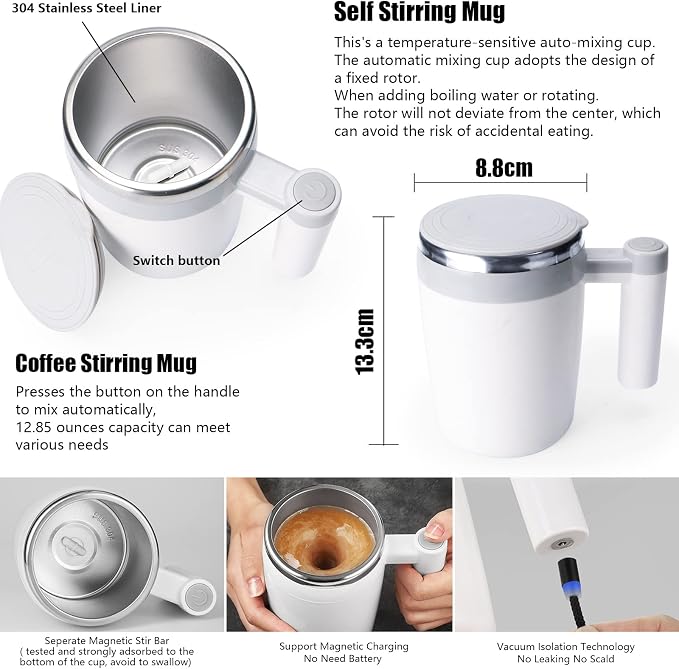 Self Stirring Mug,Rechargeable Auto Magnetic Coffee Mug with 2Pc Stir Bar,Waterproof Automatic Mixing Cup for Milk/Cocoa at Office/Kitchen/Travel 14oz Best Gift - White