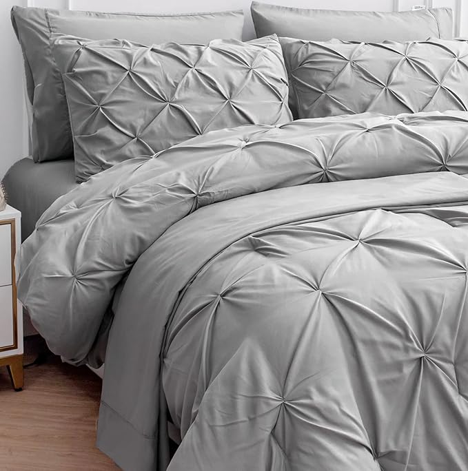 Lane Linen King Comforter Set, King Size Comforter Set 7 Pieces, Bed in a Bag King Size, Pintuck King Size Bedding Sets, King Bed Set, King Size Comforter Set with Sheets, Pillowcases & Shams - Silver