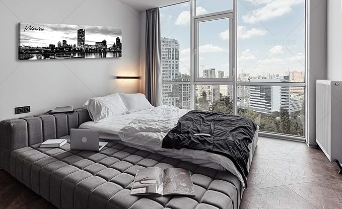 DJSYLIFE Milwaukee Skyline Wall Art Black and White Stretched Canvas Wall Art Prints for Bedroom or Office Decoration Ready to Hang 13.8" x 47.3"