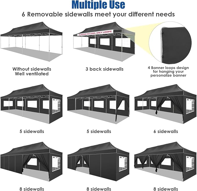 HOTEEL 10x30 Pop up Canopy Tent for Parties, Heavy Duty Easy Setup Tent with 8 Sidewalls, Outdoor Commercial Instant Gazebo for Wedding Event, with Portable Bag & Sand Bags, Black(Hexagonal Frame)
