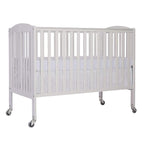 Folding Full Size Convenience Crib In White, Two Adjustable Mattress Height Positions, Comes With Heavy Duty Locking Wheels, Flat Folding Crib