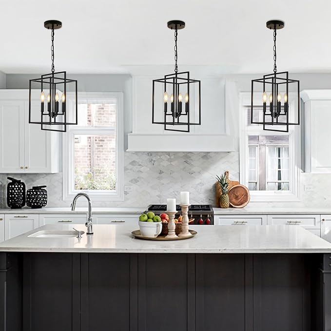4-Light Vintage Black Chandelier, Foyer Lighting Fixtures Farmhouse Chandeliers for Dining Room, Modern Industrial Lantern Pendant Light for Kitchen Island Entryway Stairway
