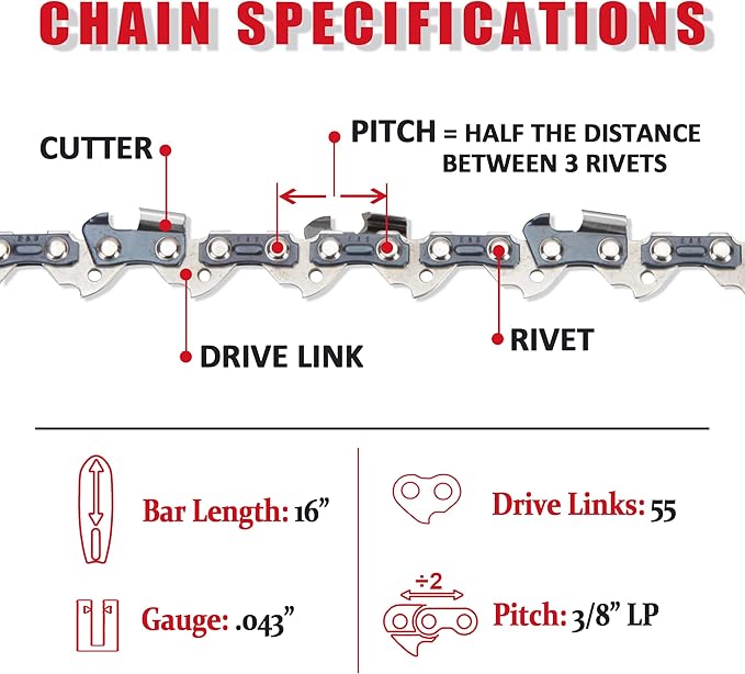 E & S 3 Pack 16 Inch Chainsaw Chain 3/8" LP Pitch .043" Gauge 55 Drive Links Semi-Chisel Chain Saw Chains for Husqvarna, Poulan, Craftsman, Greenworks and More Chainsaw Brands