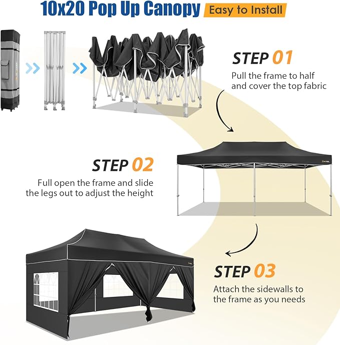 HOTEEL 10x20 Pop up Canopy Tent for Parties, Heavy Duty Easy Setup Tent with 6 Sidewalls, Outdoor Commercial Instant Gazebo for Wedding Event, with Roller Bag & Sand Bags, Black(Hexagonal Frame)