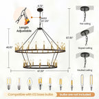 47 Inch Round Black and Gold Chandelier, 2 Tier 36-Lights Farmhouse Wagon Wheel Chandelier, Rustic Dining Room Light Fixtures, Extra Large Foyer Chandeliers for High Ceilings, for Staircase, Entryway