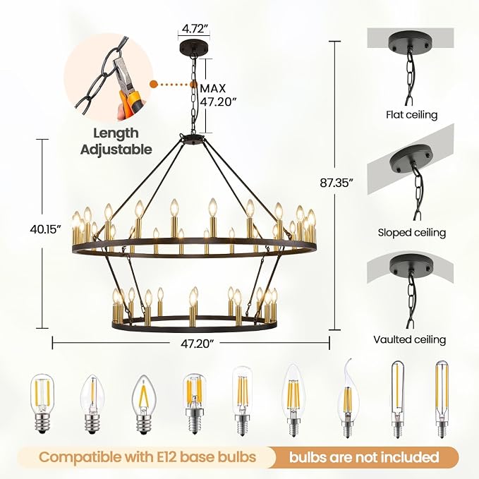 47 Inch Round Black and Gold Chandelier, 2 Tier 36-Lights Farmhouse Wagon Wheel Chandelier, Rustic Dining Room Light Fixtures, Extra Large Foyer Chandeliers for High Ceilings, for Staircase, Entryway