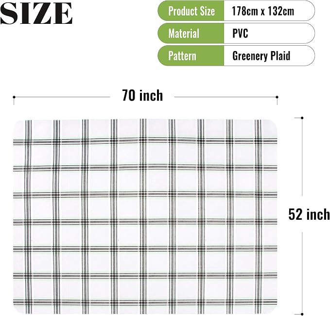 FIFTY FEET 70 * 52 Inch Rectangle Tablecloth, Vinyl Tablecloth with Flannel Backing for Rectangle Tables Waterproof, Spill Proof Plastic Picnic Table Cover for Dining/Camping/Indoor/Outdoor(Plaid-C)