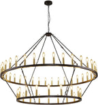 60 Inch Farmhouse Wagon Wheel Chandelier, 2 Tier 54-Lights Round Chandelier for Living Room, Rustic Black and Gold Chandelier, Extra Large Foyer Chandeliers for High Ceilings, for Staircase, Entryway