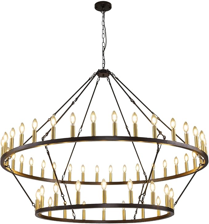 60 Inch Farmhouse Wagon Wheel Chandelier, 2 Tier 54-Lights Round Chandelier for Living Room, Rustic Black and Gold Chandelier, Extra Large Foyer Chandeliers for High Ceilings, for Staircase, Entryway
