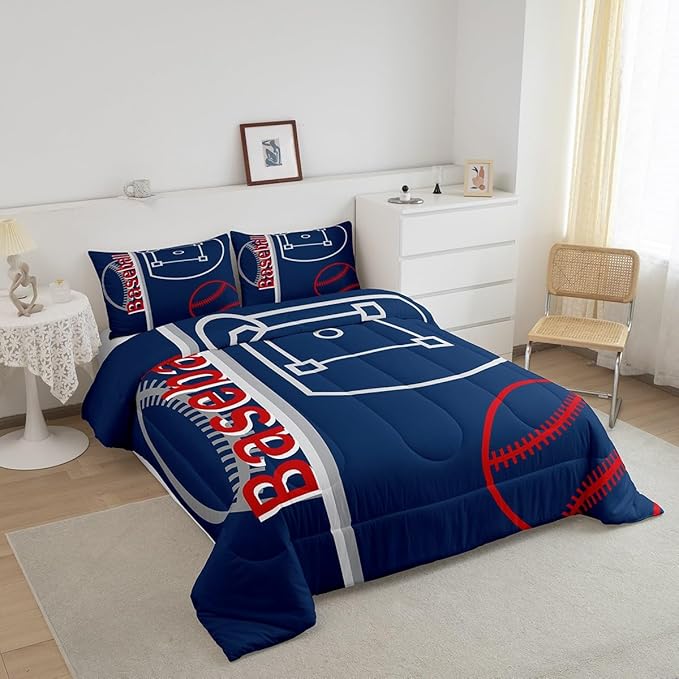 Feelyou Baseball Bedding Set Queen Size Sports Game Comforter Set for Kids Boys Girls Decor Baseball Gaming Comforter Microfiber Ball Duvet Set Bedroom Quilt Set