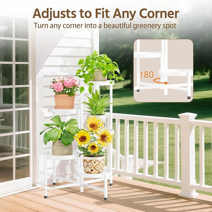 LASZOLA 5 Tiered Folding Plant Stand Indoor for Multiple Large Planter, Tall Heavy Duty Adjustable Rack with Rust Proof 10 Inch Wide Tray, Sturdy Vertical Tree Organizer for Narrow Inside Floor, White
