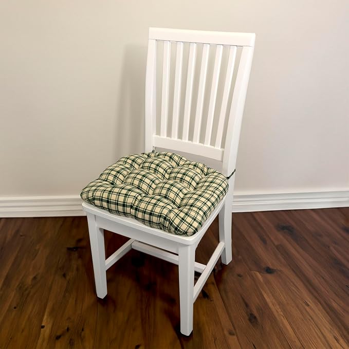 Barnett Home Decor Dining Chair Pad with Ties Montgomery Green Plaid - Size Medium 16.5 x 18 16.5 x 18 - Latex Foam Fill Cushion, Reversible, Machine Washable - Green Natural Tartan