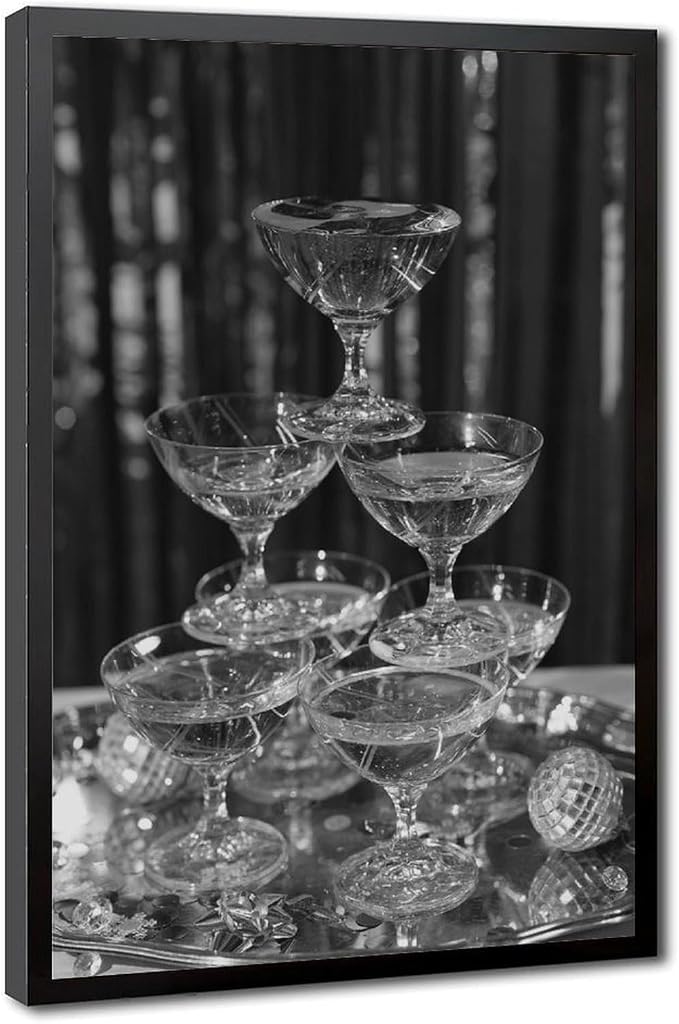 UXCBIA Stacked Champagne Glasses With Mirror Balls, Black And White, Wine Glasses Poster Canvas Poster Bedroom Decor Sports Landscape Office Room Decor Gift Black Frame 16x24in(40x60cm)