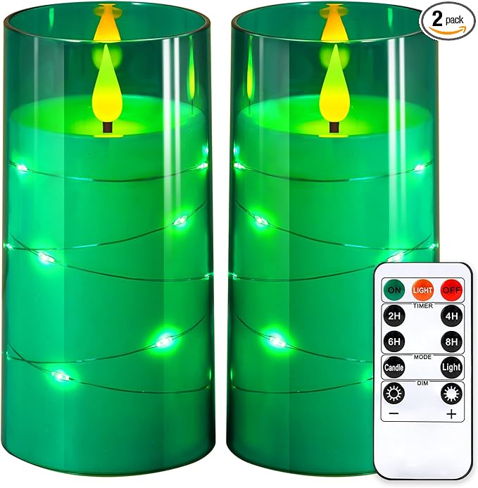 NURADA Flickering Flameless Candles: Built-in Star String Acrylic Battery LED Pillar Candles Candles with Remote and Timer for Home Party Weddings Christmas Halloween Decor -Green 2 Pack