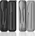 2 Sets Plastic Reusable Utensils Set with Case, Travel Chopsticks Fork Spoon Knife Set for Lunch Box, Portable Cutlery Sets for Travel Camping Daily Use (Black, Grey) | Plastic, Black and Grey, Chopsticks Fork Spoon Knife Set with Lunch Box, For Campin...