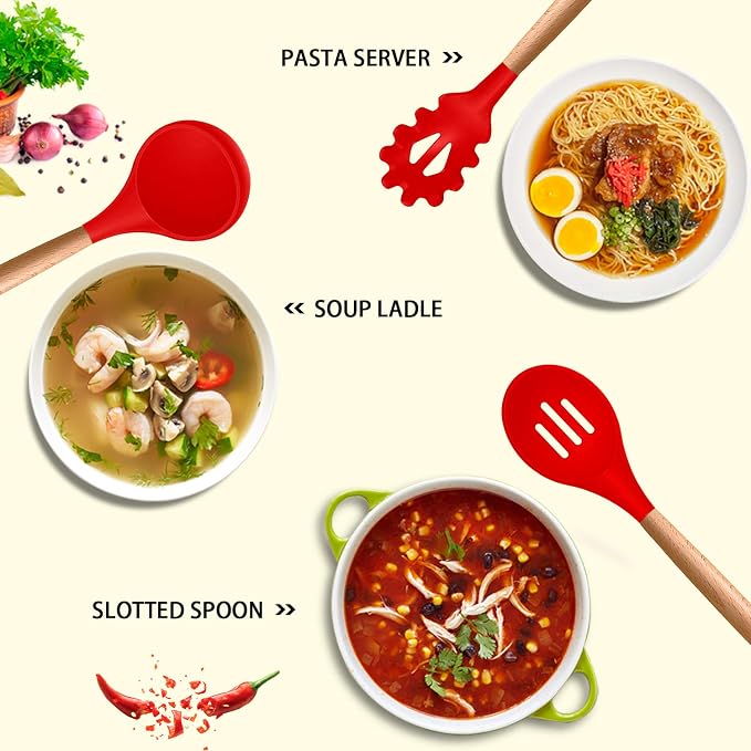 MIBOTE Silicone Cooking Kitchen Utensils Set, Wooden Handle, Red | BPA-Free, Non-Toxic Silicone Turner, Tongs, Spatula, Spoon Set – Great for Nonstick Cookware, Heat-Resistant, Easy Clean