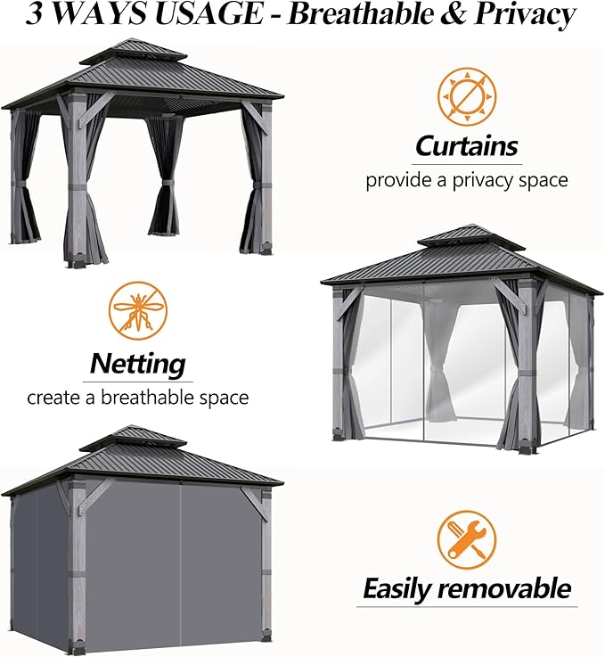 GARTOO 8.5' x 8.5' Outdoor Wood Gazebo - Permanent Wooden Hardtop Gazebo Pavilion with Double Curtains, Galvanized Steel Roof Cedar Wood Gazebos for Poolside, Garden, Lawn, Backyard Deck