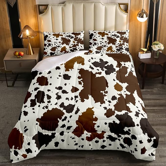 Cow Print Comforter Set Queen Size Cowhide Bedding Set for Boys Girls Man Women Bedroom Decor Brown Bull Cattle Skin Down Comforter Wildlife Fur Hair Farmhouse Animal Skin Duvet Set
