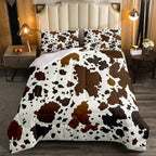 Cow Print Comforter Set Queen Size Cowhide Bedding Set for Boys Girls Man Women Bedroom Decor Brown Bull Cattle Skin Down Comforter Wildlife Fur Hair Farmhouse Animal Skin Duvet Set