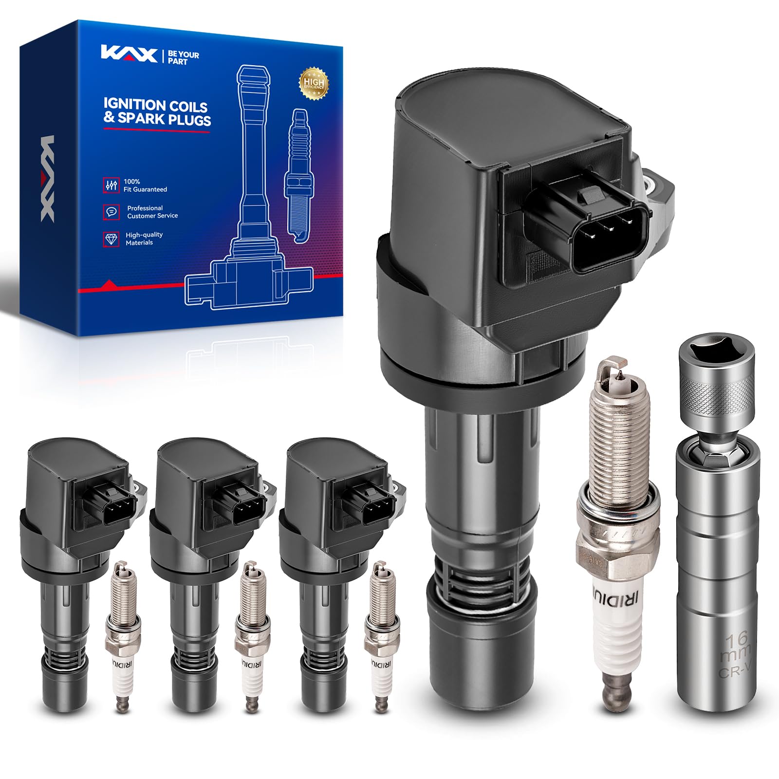 KAX OEM Performance Set of 4 Ignition Coil Pack & Iridium Spark Plugs w/Magnetic Socket Compatible with Honda Civic 2012-2015 1.