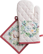 Maison d' Hermine 100% Cotton Oven Mitt & Pot Holder Set (7.5"x13" & 8"x8") | Heat Resistant BBQ Cooking Gloves with Loop Baking Grilling Kitchen Hotel Home Farmhouse Thanksgiving Christmas - Holly Time