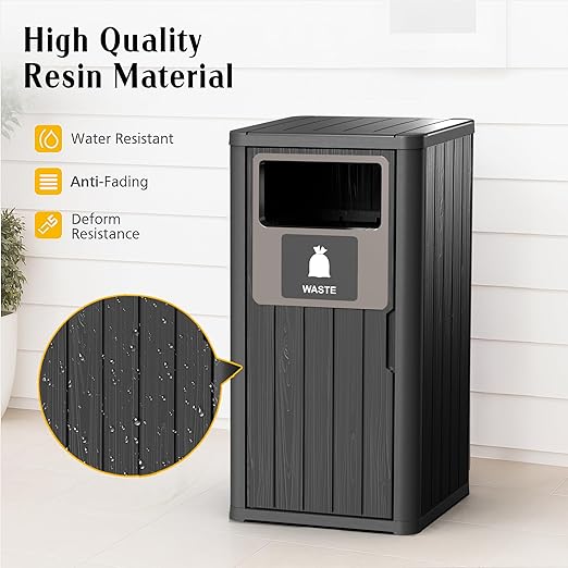 Outdoor Single Barrel Trash Can,Waterproof Resin Garbage Can with Garbage Labels,Durable Waste Bin for Porch, Backyard,Kitchen,for 30 to 39 Gallon Trash Bags