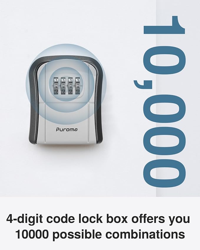 Puroma Key Lock Box Combo Wall-Mounted Storage Safe Lockbox Home Office | Outside, Portable, Wall Mount, Resettable, Combination, Weatherproof, High-capacity, Hold 5 Keys, Contractor Guest Realtor