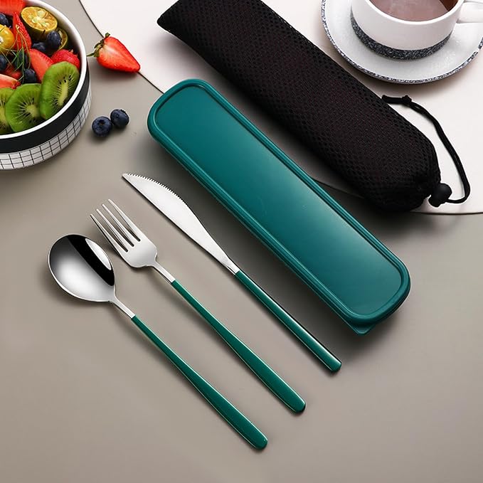 VANRA 3-Piece Portable Travel Utensils Set with Case 18/8 Stainless Steel Flatware Set Reusable Cutlery Set with Fork Spoon Knife for Lunch Travel Camping School Work Picnic (Deep Green)