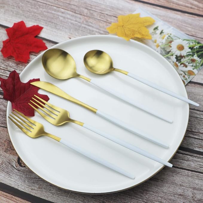 JASHII Flatware Silverware Set Stainless Steel Satin Finish Cutlery Set Service for 6, 30-Piece Spoons And Forks Kitchen Utensil Set, Dishwasher Safe (Matte White handle gold)