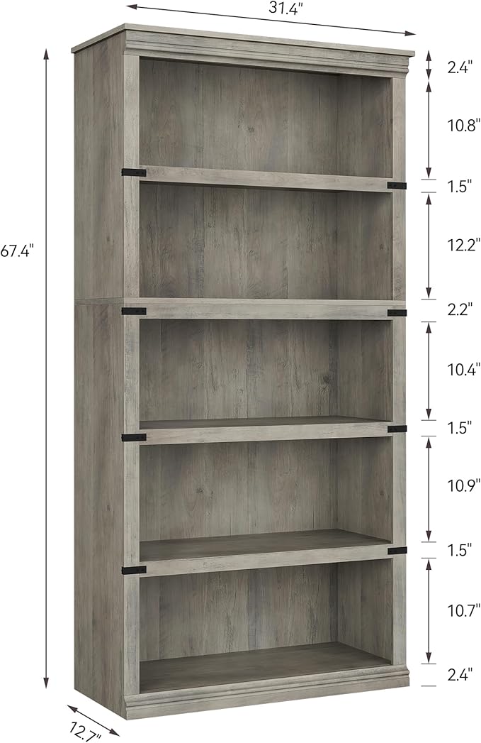 GAOMON 5 Tier Bookcase, Farmhouse Book shelf with Storage Open Display Bookshelves, 67.4" Tall Book Case Wooden 5 Shelf Bookcase Home Decor Furniture for Home Office, Living Room, Bed Room - Grey