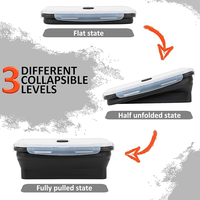Collapsible Silicone Food Storage Containers Set with Lid & Air Vent,Foldable Lunch Containers(4PCS,Black,40oz)