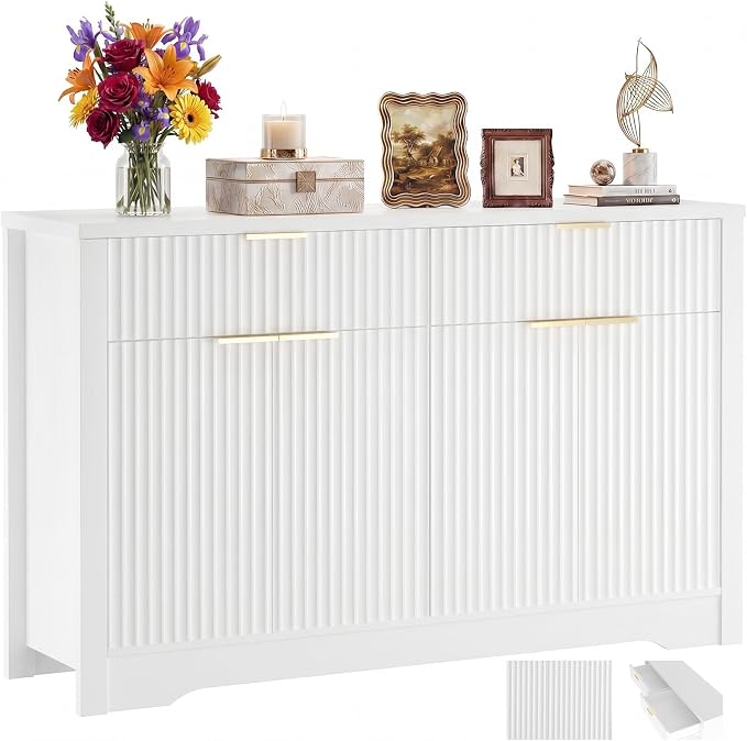 Cyclysio 55" Fluted Sideboard Buffet Cabinet with Drawers, White | Modern Accent Storage Console Table & Coffee Bar Station with Adjustable Storage Shelves for Dining Room, Kitchen, Entryway
