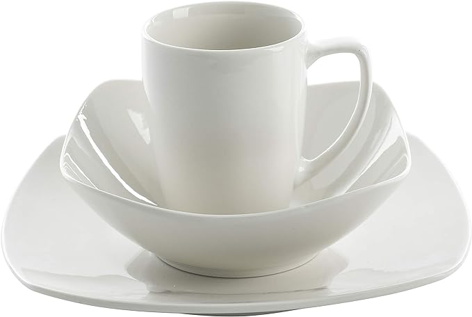 Gibson Home Amelia Court Porcelain Chip and Scratch Resistant Dinnerware set, Service for 4 (12pcs), White (Soft Square)
