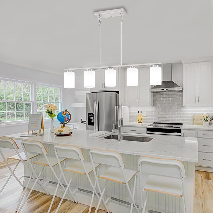 5-Light Kitchen Island Lighting Brushed Nickel Dining Room Light Fixtures | Modern Linear Chandelier Over Table, Adjustable Kitchen Lighting Fixtures Over Island with White Frosted Glass