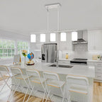 5-Light Kitchen Island Lighting Brushed Nickel Dining Room Light Fixtures | Modern Linear Chandelier Over Table, Adjustable Kitchen Lighting Fixtures Over Island with White Frosted Glass