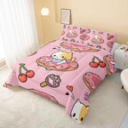 Kawaii Cat Comforter Twin Size,Doughnut Cherry Cat Comforter Set for Kids Teens Girls,3Pcs Bedding Set Printed Comforter with 2 Pillowcases,Soft and Lightweight(Pink，Twin Size)