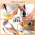 Kitchen Gadgets Set Stainless Steel Cooking Tools Essentials, Black, 4Pcs | Includes Whisk, Meat Tenderizer, Potato Masher Smasher, Grater Zester, Soft Ergonomic Handle, Dishwasher Safe, Space Saving