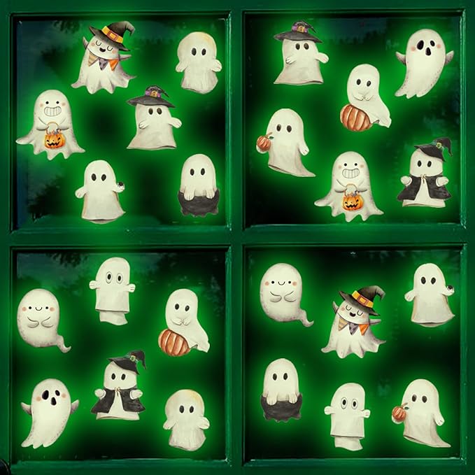 Clothmile Glow in The Dark Halloween Ghost Window Clings, Green Luminous Double-Side Window Stickers for Party Decorations, Home, School, Glass