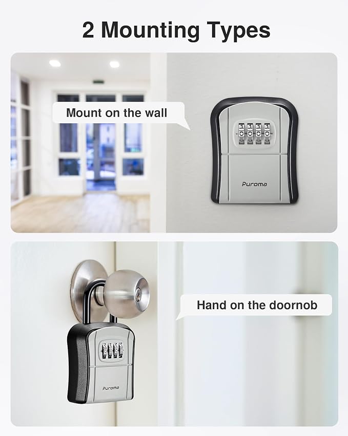 Puroma Key Lock Box Outdoor 4 Digit Code Combination Lockbox House, 1 Gray | For Contractors Guest Realtor Storage Keys, Portable, Home Wall Mount, Resettable, Combination, Weatherproof, High-capacity