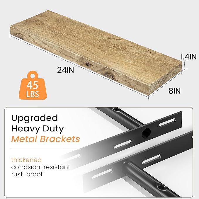 Fun Memories Floating Shelves for Wall Decor, 24"x8" Rustic Reclaimed Wood Shelves, Heavy-Duty Wall Mounted Shelves with Invisible Brackets, Set of 2for Living Room, Bedroom, Kitchen, Natural Finish