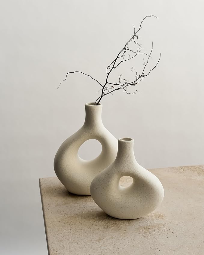 NOBULA White Ceramic Donut Vases – Modern Home Decor for Living Room, Bedroom & Table Centerpiece - Minimalist Nordic – Unique Vases for Olive Plant & Flowers – Decorative Coffee Table Vase Set of 2