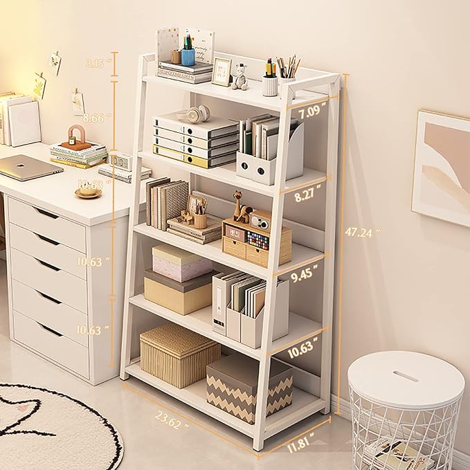 IOTXY 5-Tier Ladder Shelf Bookcase - Wooden Open Bookshelf with Metal Frame, Display Rack for Living Room, Bedroom, Kitchen, and Home Office, White