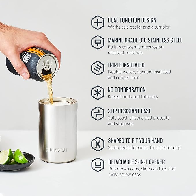 Huski Beer Cooler 2.0 | NEW | Premium Can and Bottle Holder | Triple Insulated Marine Grade Stainless Steel | Detachable 3-in-1 Opener | Works as a Tumbler | Best Gifts for Beer Lovers (Stainless)